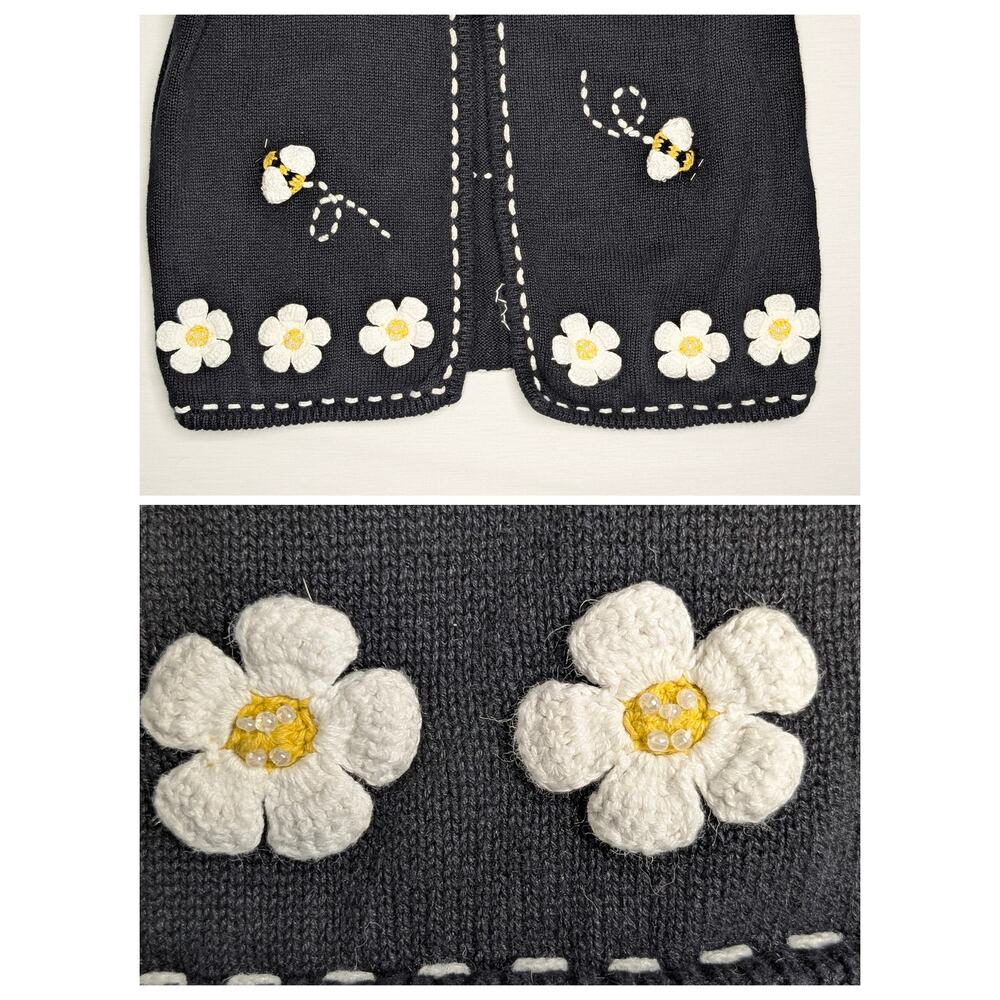 Mandal Bay Vintage 90s Knit Vest Lrg Cottagecore Beaded Bumble Bee Daisy Floral - Picture 5 of 12